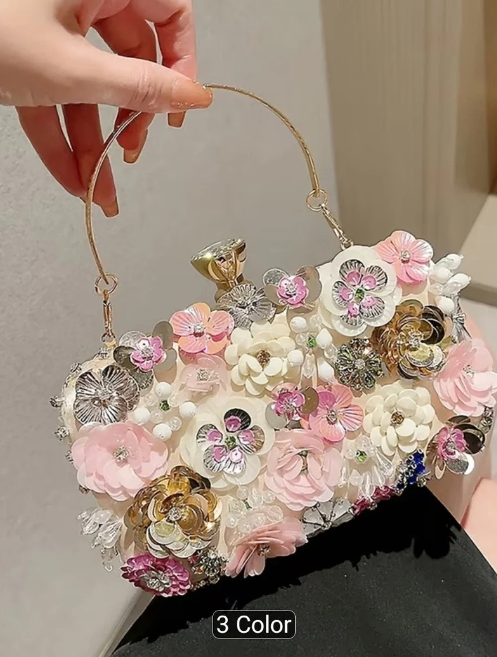 Embellished Floral Clutch Bag in Pink, White & Gold